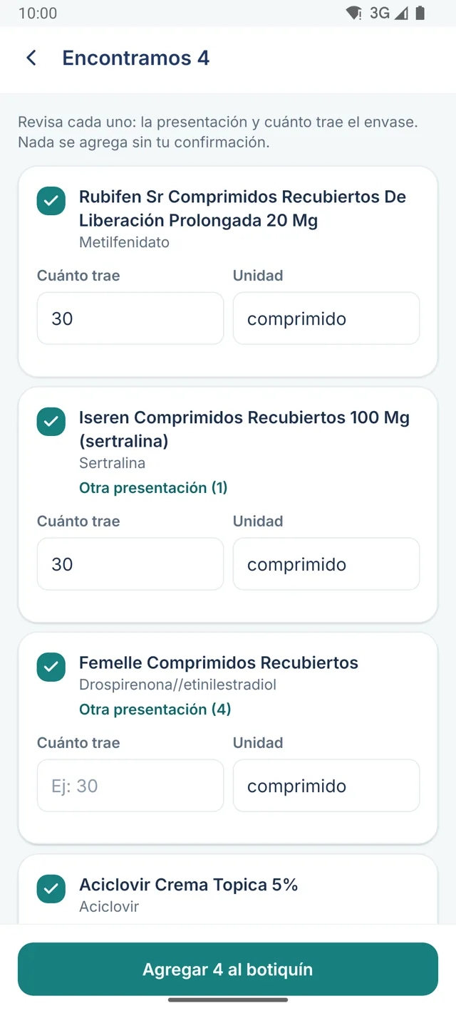 Pantalla "Encontramos 4" con los medicamentos reconocidos en una foto
