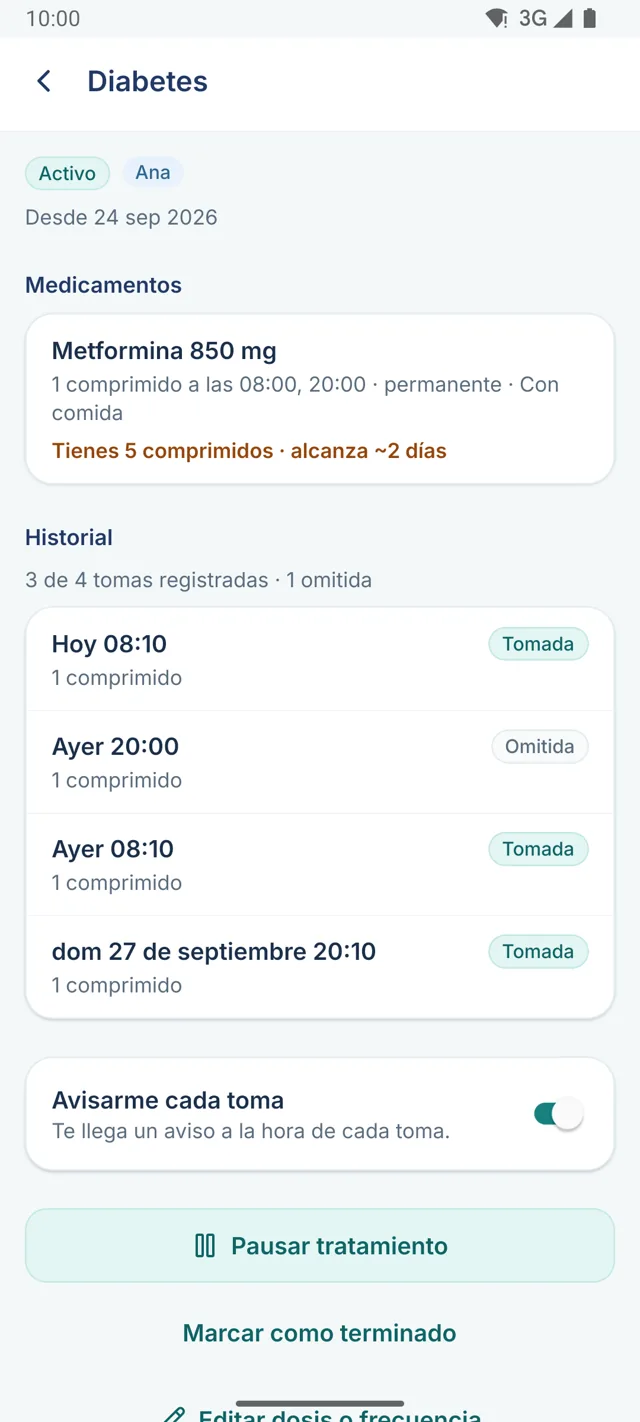 Detalle de un tratamiento con historial de tomas y avisos activados