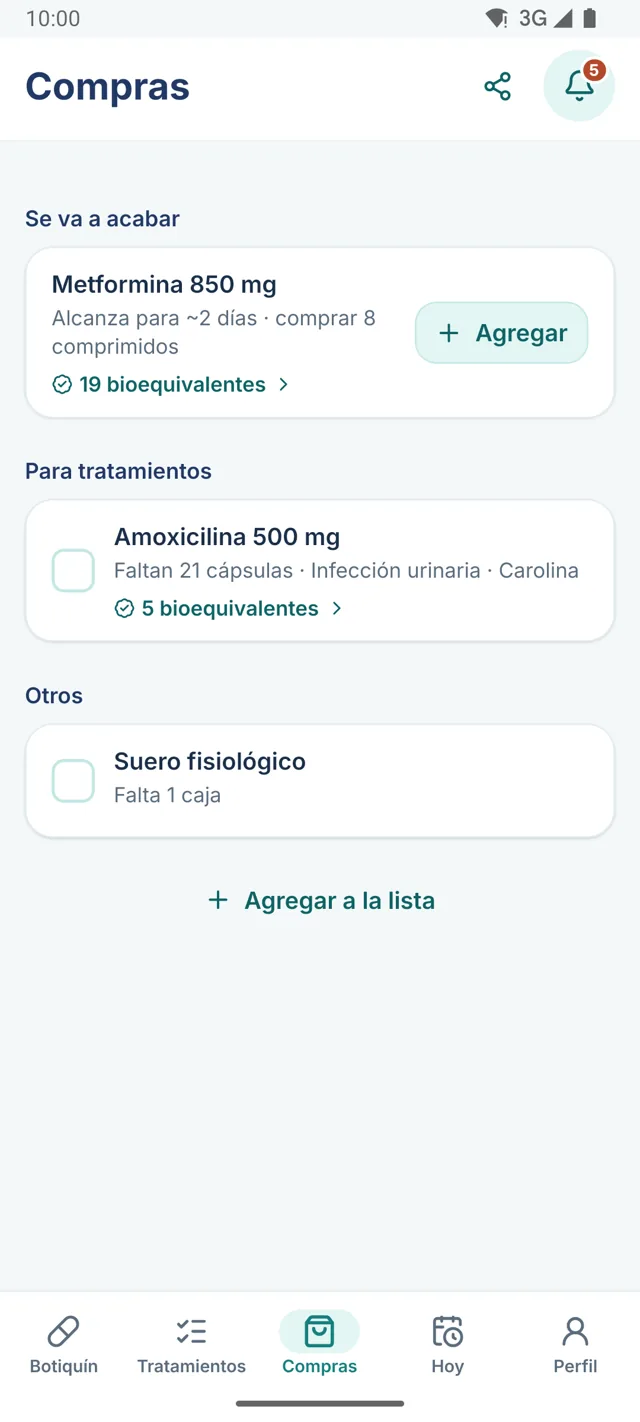 Pantalla Compras con las secciones "Se va a acabar" y "Para tratamientos"
